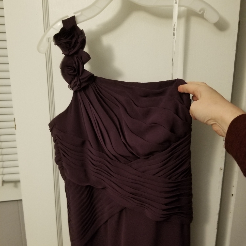Floor length one shoulder plum formal dress